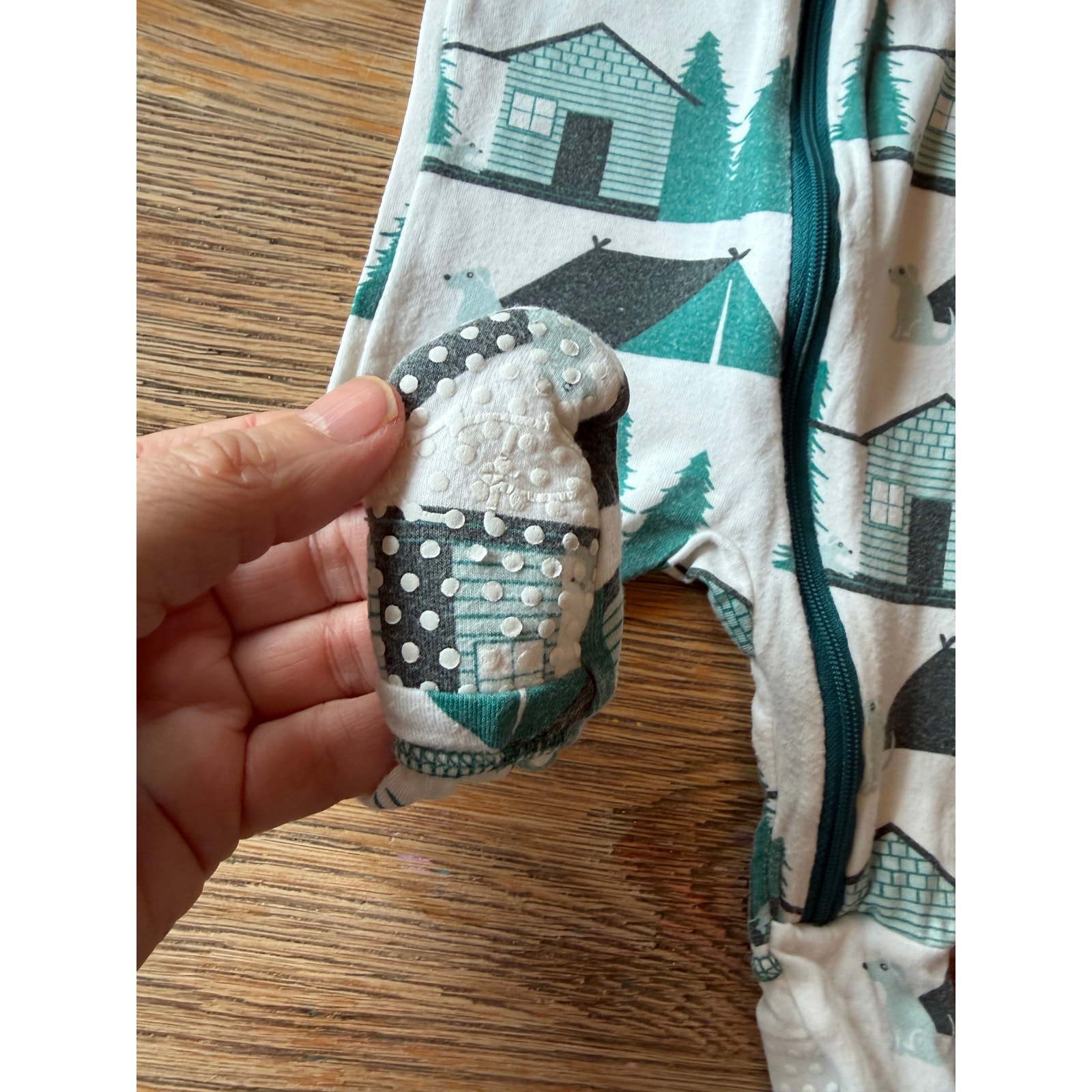 Kickee Pants Bamboo Zip Footie Newborn Cabin Bear Pine Tree Print Teal White — image 6 of 6